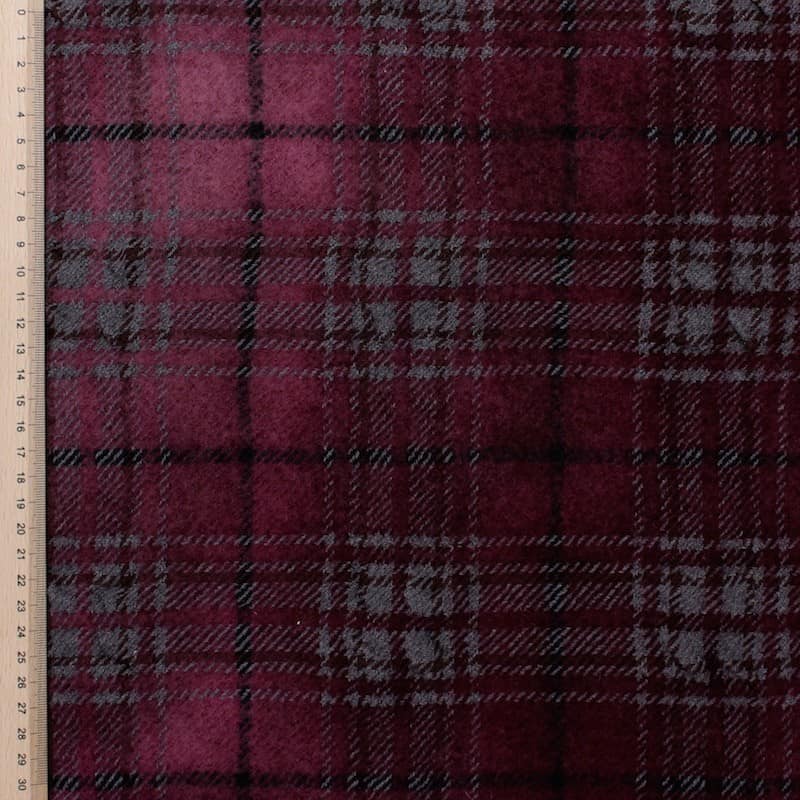 WOOL FABRIC WITH PLUM, GREY AND BLACK CHECKERED DESIGN