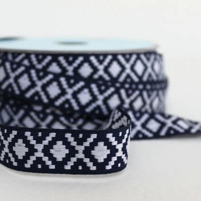 Ribbon with navy blue and white geometric patternl
