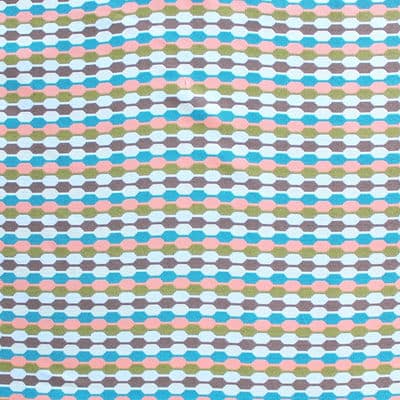 Tissu en coton à motifs géométriques rouge, bleu, vert et blanc sur fond brun