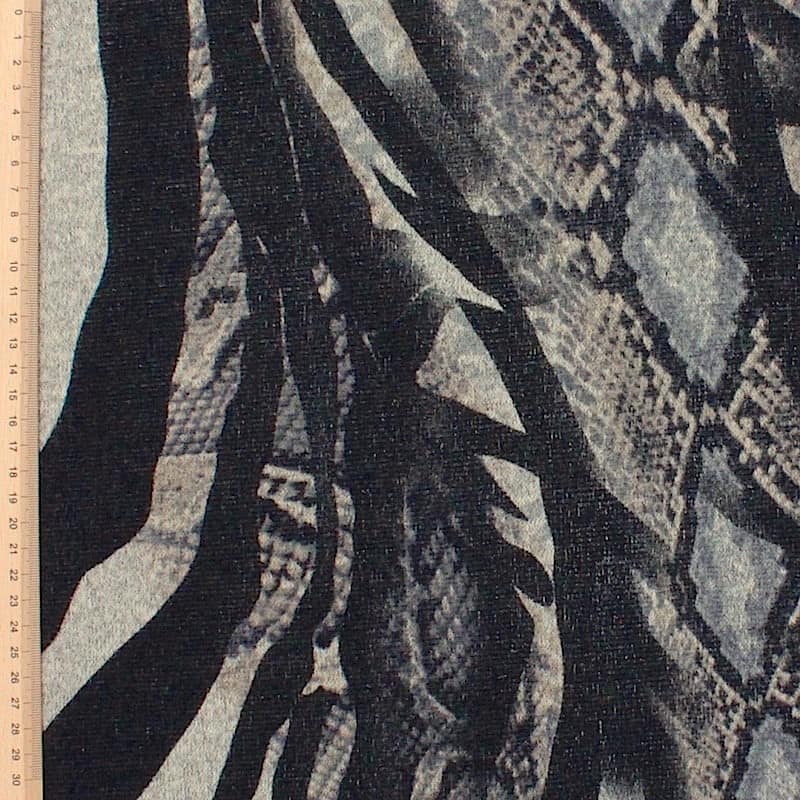 Tissu vestimentaire en maille au motif peau de serpent noir et gris