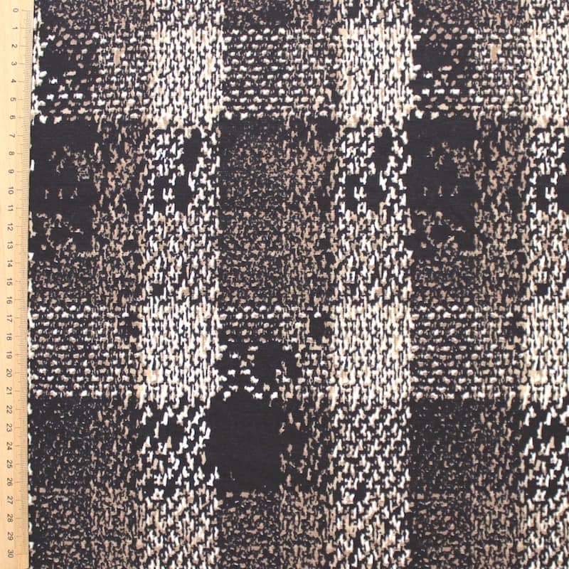 Thick black elastic jersey fabric plaid beige and white