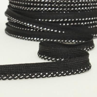 Black piping cord braided with silver-coloured thread