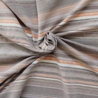 Embroidered striped fabric with patterns - beige
