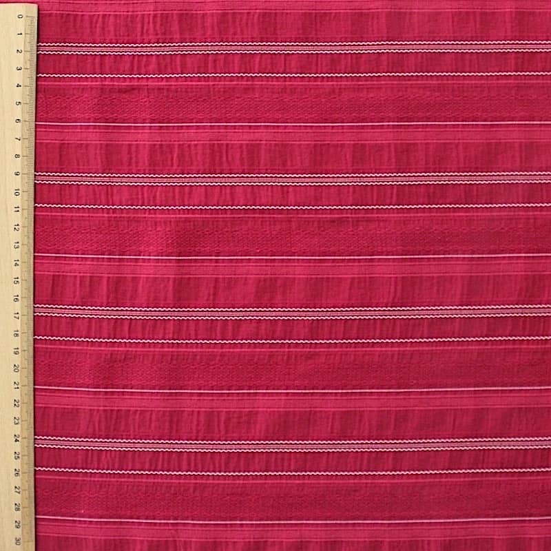 Embroidered striped fabric with patterns - red
