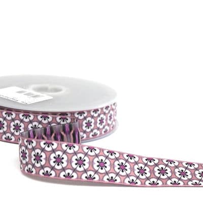 Taupe jacquard ribbon with pink, parma and black flowers