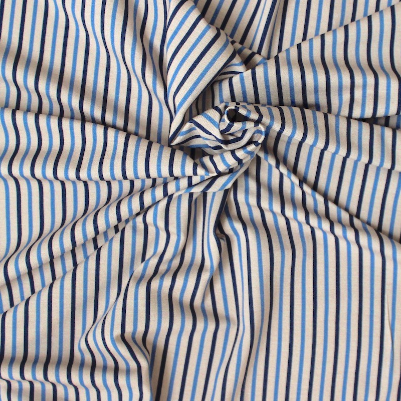 Tissu jersey à rayure fines bleues et beiges