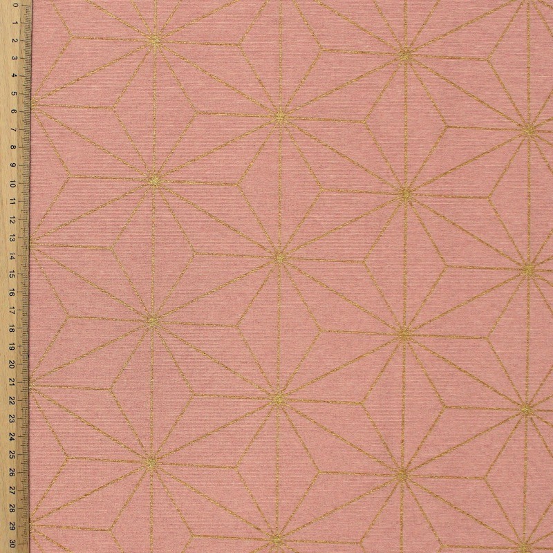 Tissu d'ameublement à motif géométrique doré sur fond rose