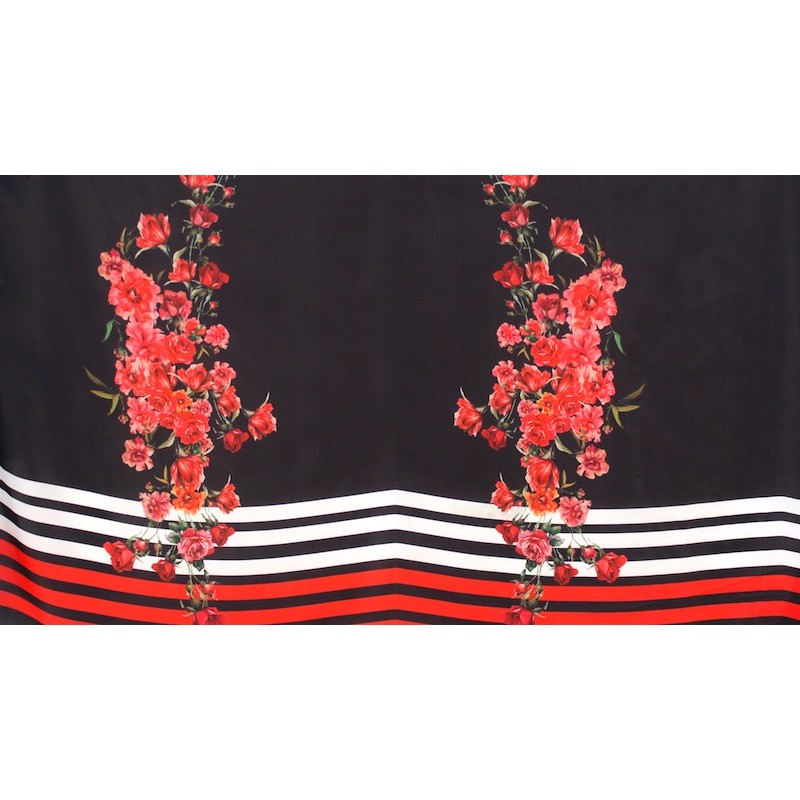 Panneau de tissu satin noir à rayures et double bouquet de roses
