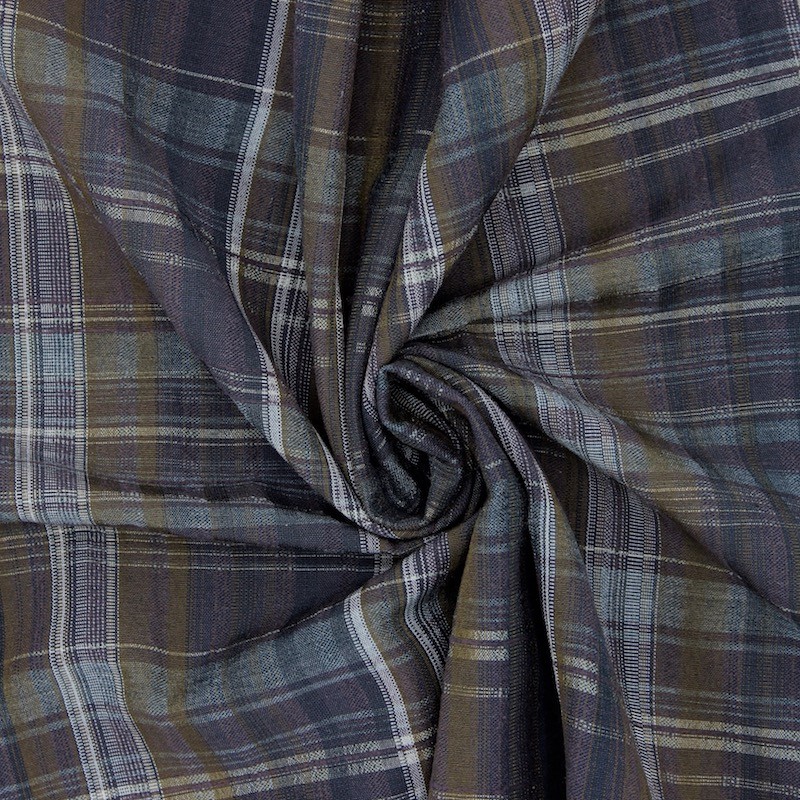 Checkered fabric in cotton and viscose - blue and brown 