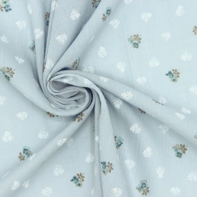 Crumpled veil in cotton and viscose with flowers - white, blue & beige 