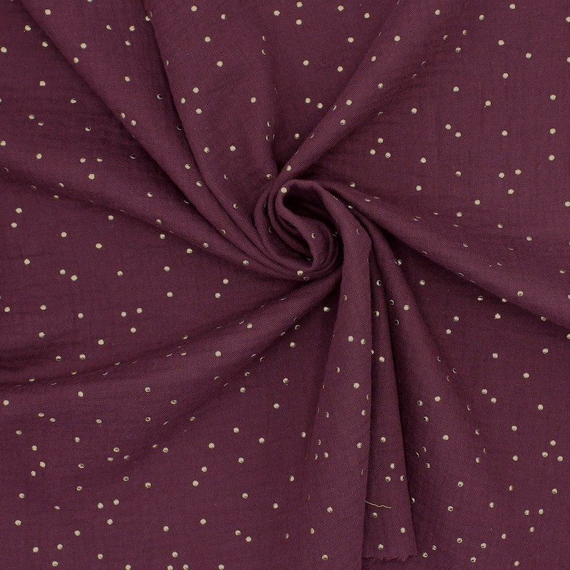 Tissu double gaze de coton purple à pois dorés