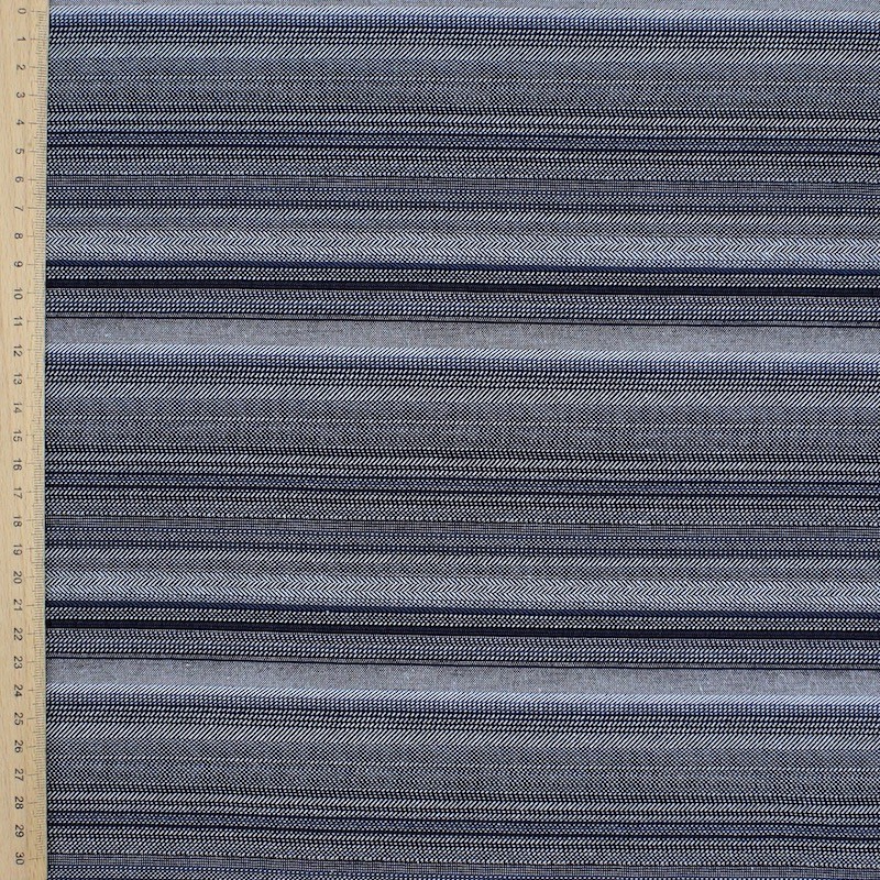 Rekbare stof met strepen -  grijs en blauw