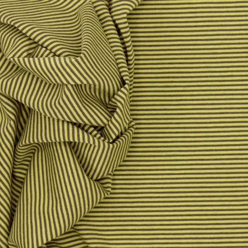Tissu jersey en coton, polyester et élasthanne à lignes gris et vert fluo