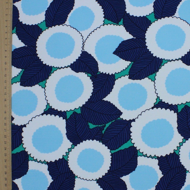 Embossed polyester fabric with floral print - blue