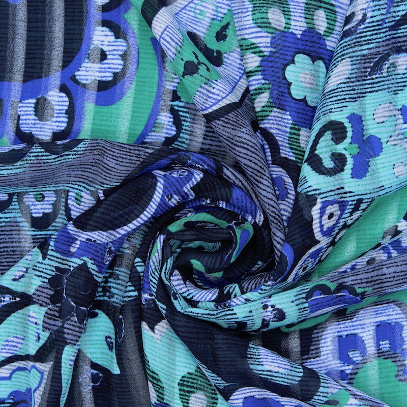 Polyester veil with prints - blue, green and grey