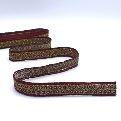Embroided braid trim with burgundy and golden glitters 