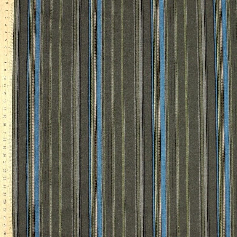 Cotton fabric with blue lines fabric on kaki green background
