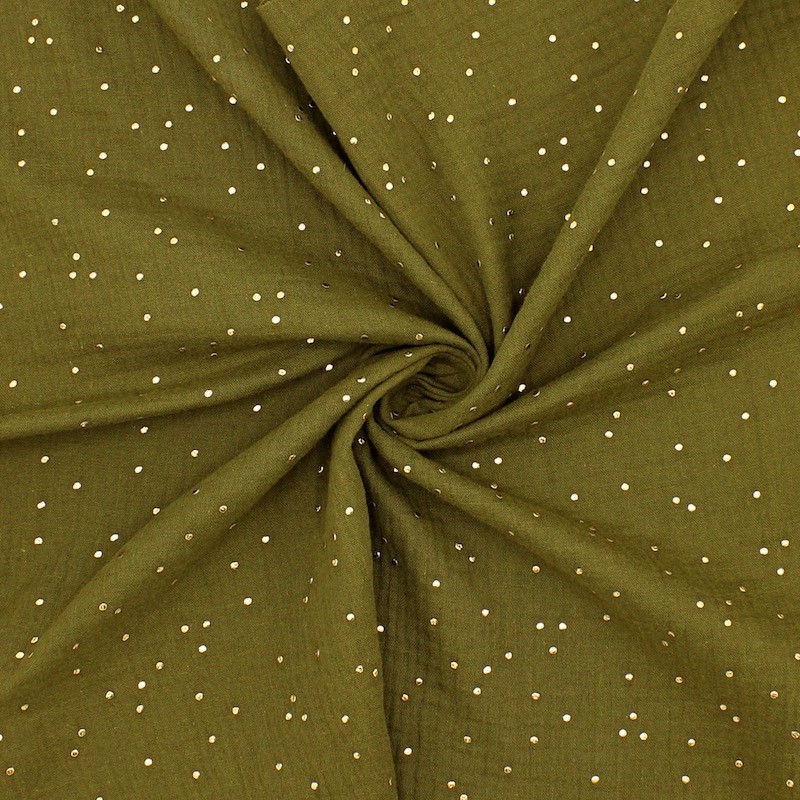 Tissu double gaze vert bronze à pois dorés