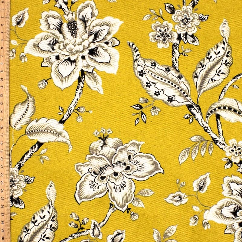 Gevlochten canvas bedrukt met bloemen - mosterdgeel