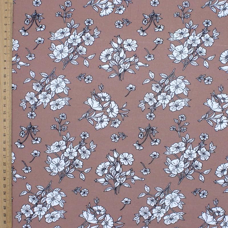 Tissu cretonne à fleurs sur fond sépia