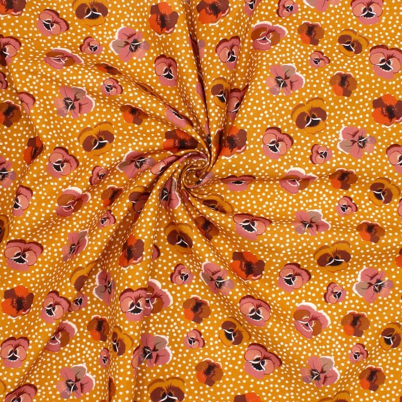 Cotton printed with "pansy flower" - mustard yellow
