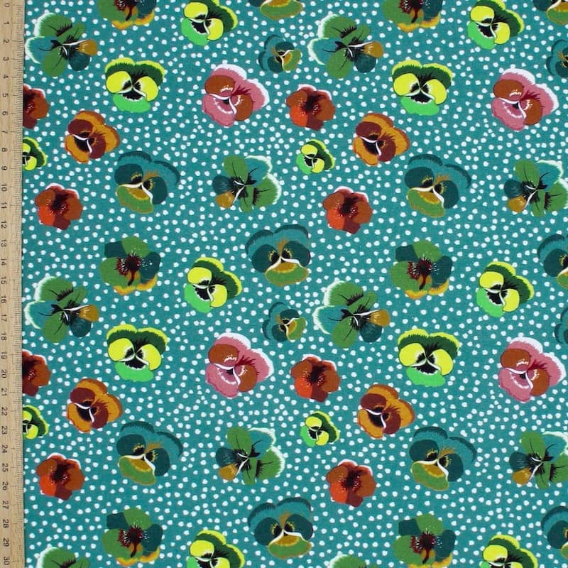 Cotton printed with "pansy flower" - teal