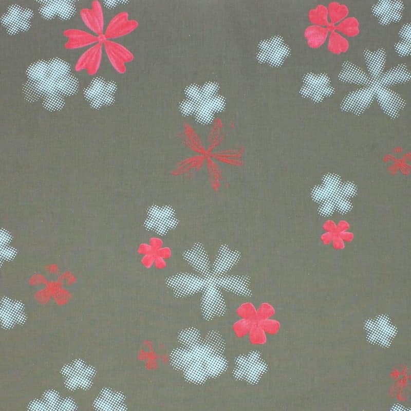 Tissu en coton kaki à motif floral