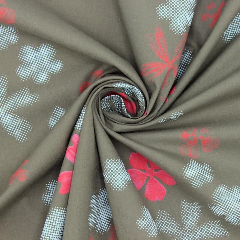 Tissu en coton kaki à motif floral