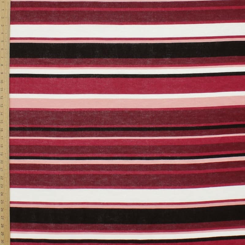 Jersey fabric with pink, burgondy, white and black stripes