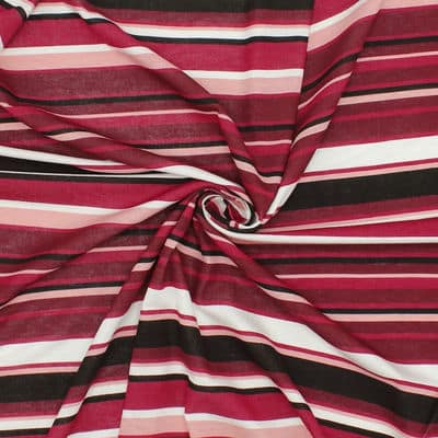 Jersey fabric with pink, burgondy, white and black stripes