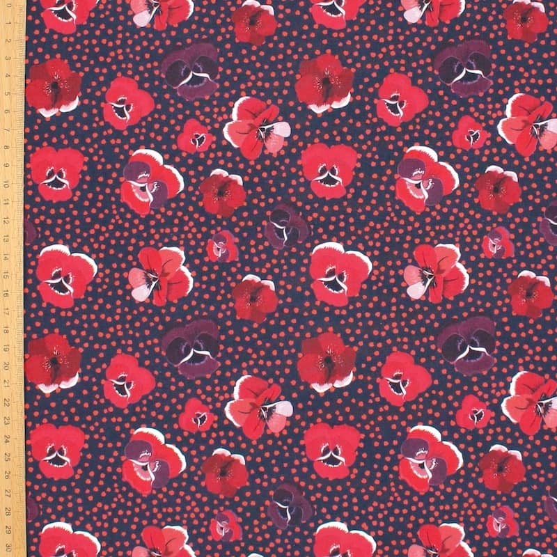 Poplin of cotton printed with wild pansy - navy blue