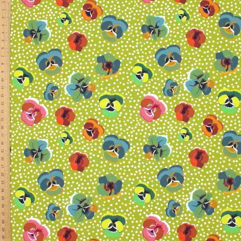 Poplin of cotton printed with wild pansy - green anise