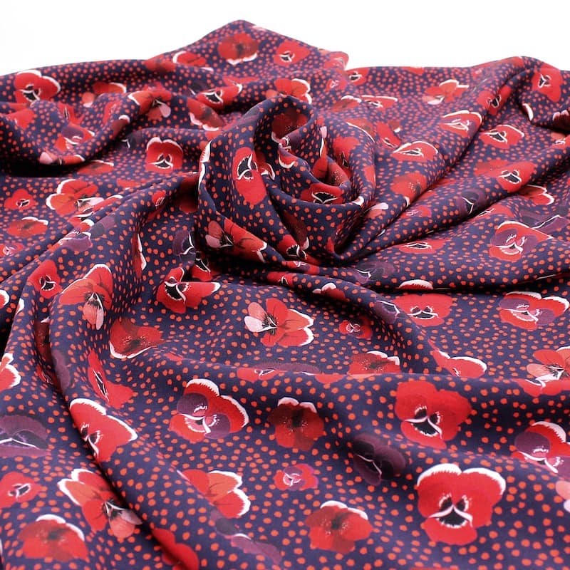 Viscose with pansy flower print - navy blue