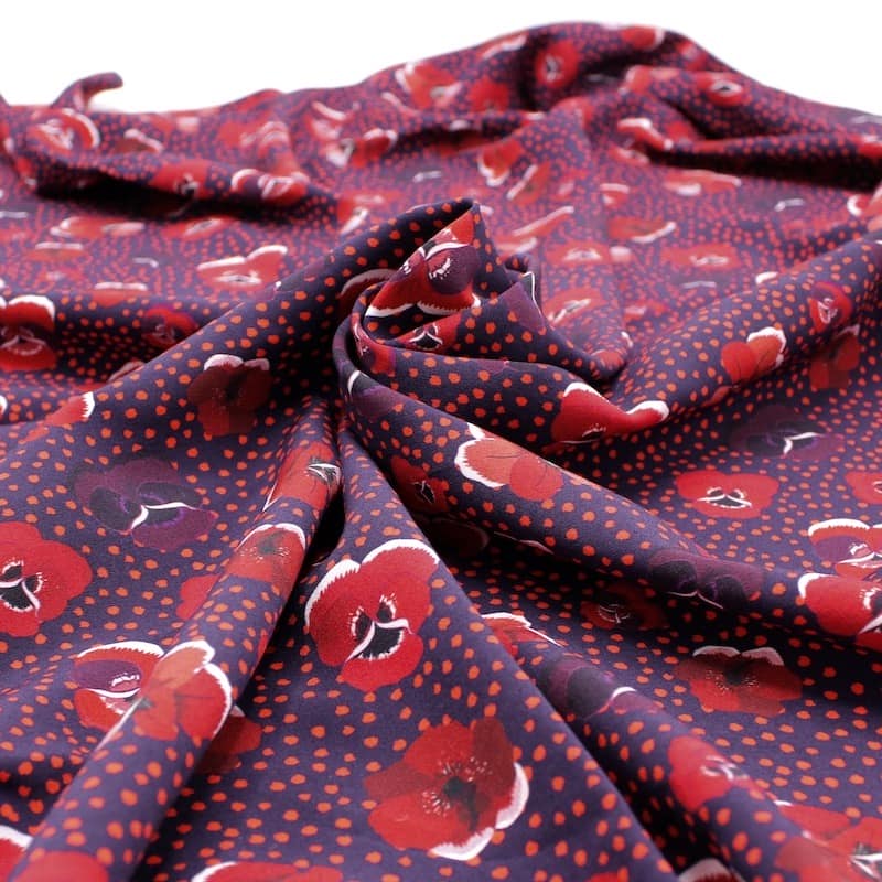Viscose with pansy flower print - navy blue