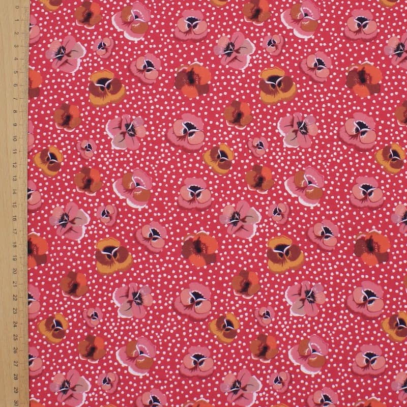 Viscose with pansy flower print - red