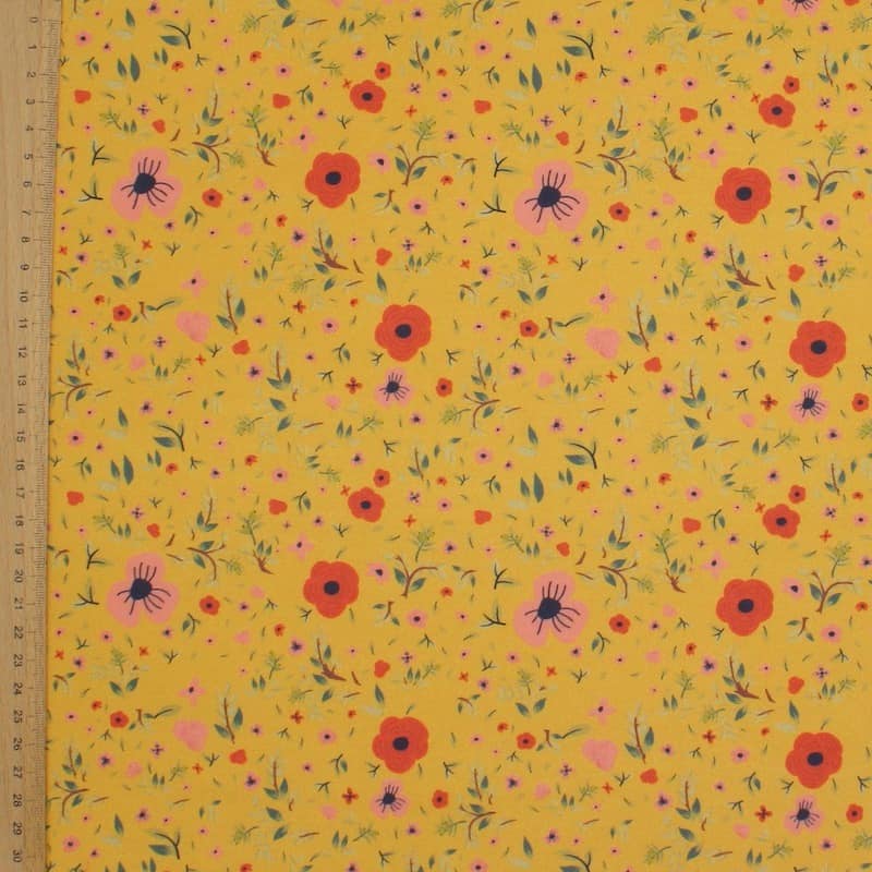 Viscose printed with flowers - mustard yellow