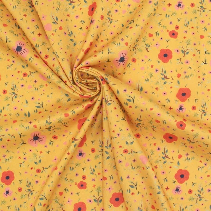 Viscose printed with flowers - mustard yellow