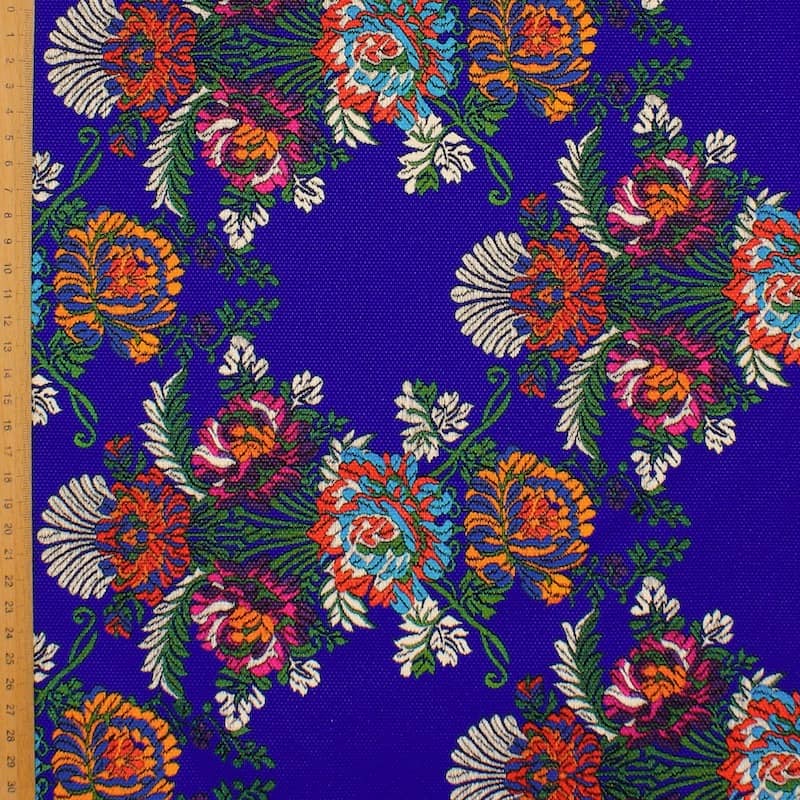 Tissu imprimé floral sur fond bleu