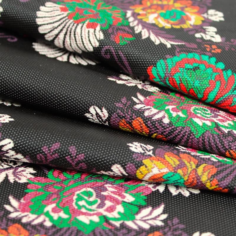 Fabric printed with flowers - black background