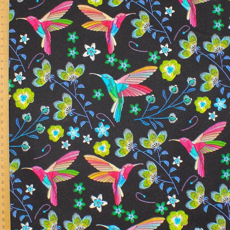 Fabric printed with flowers - black background