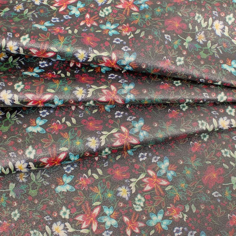 Tissu  imprimé floral reflet argenté