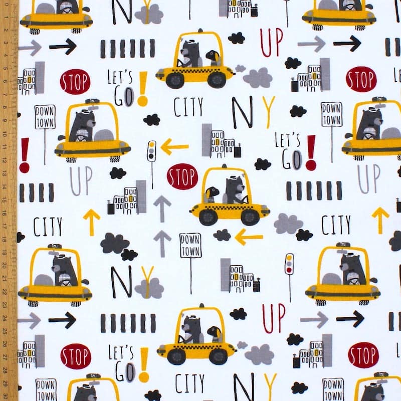 Cotton with taxies and bears - yellow and grey