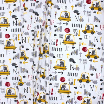 Cotton with taxies and bears - yellow and grey