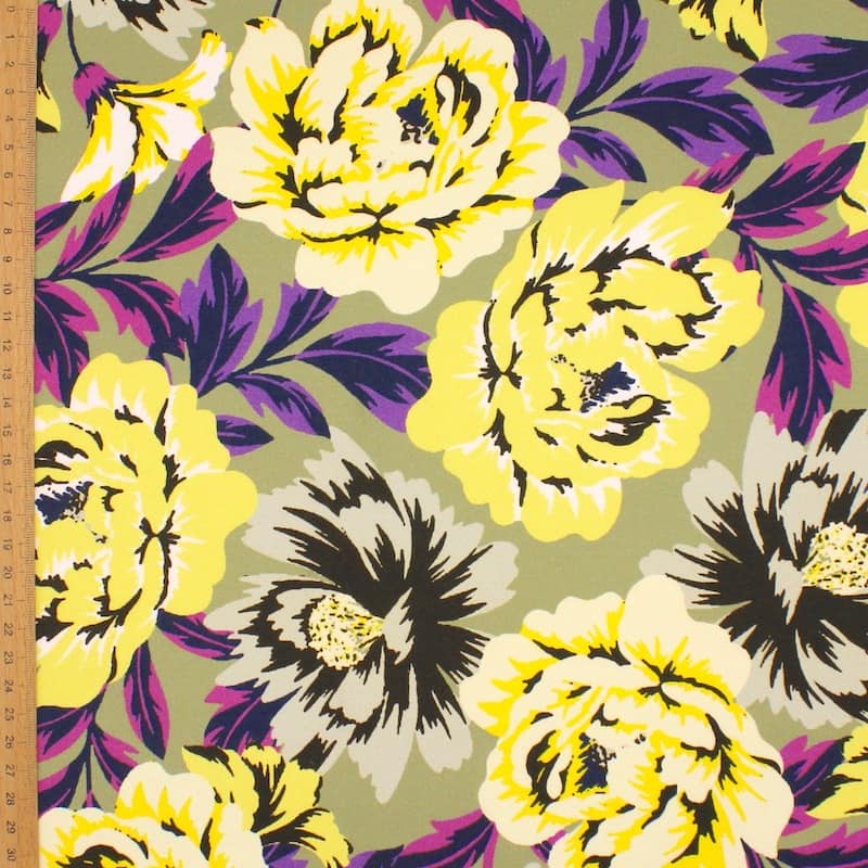 Twill fabric with flowers - khaki