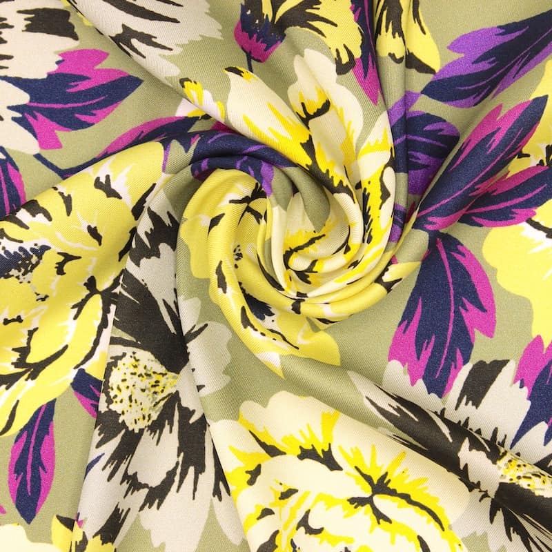 Twill fabric with flowers - khaki