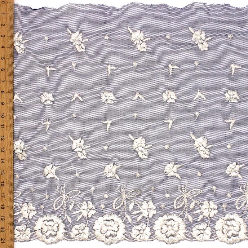 Embroidered tulle with flowers - white & navy blue 