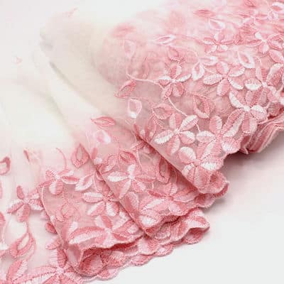Embroidered tulle with flowers - pink & white