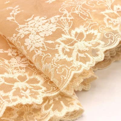 Embroidered tulle with flowers - skin tone-colored