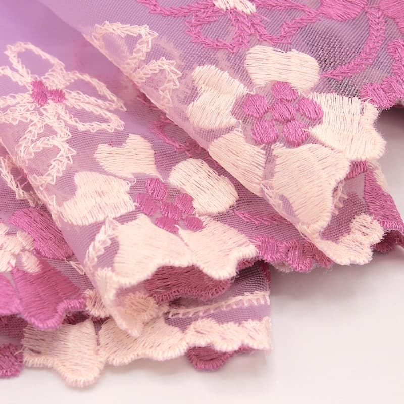 Embroidered tulle with flowers - pink