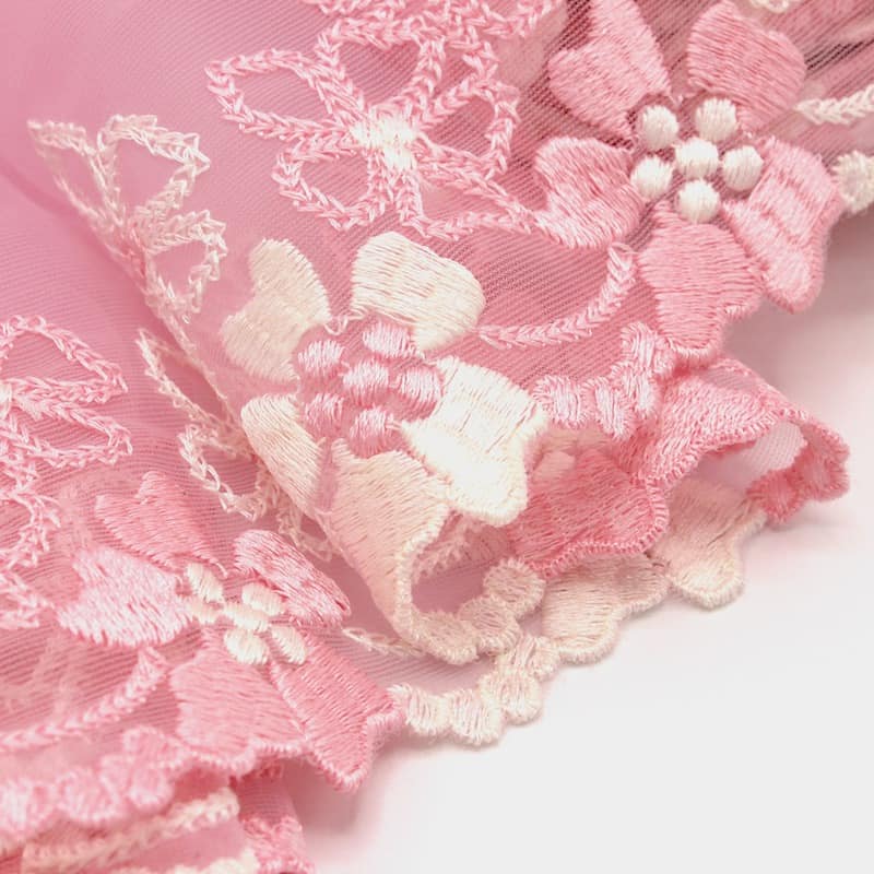 Embroidered tulle with flowers - pink